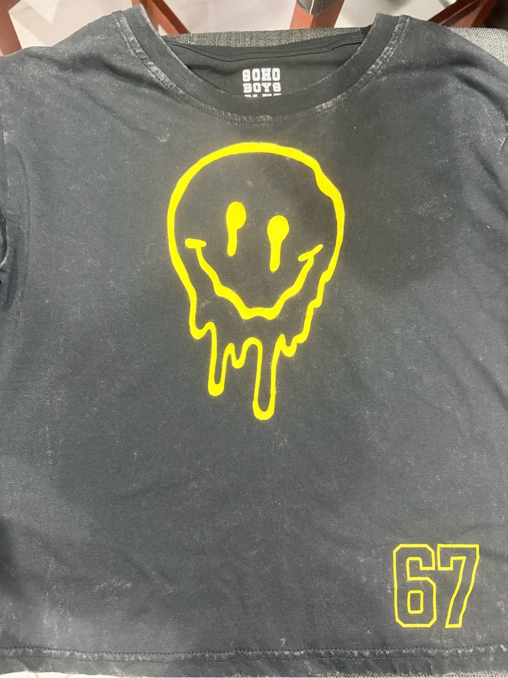 Soho Black Tee with Yellow Drip Smile Graphic
